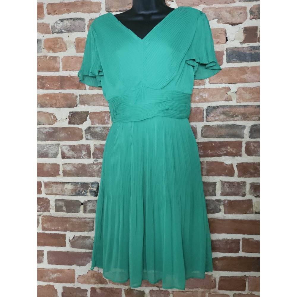DKNY Dress Womens Sz 4 Pleated Flutter Sleeve Green Midi Party Dress Romantic